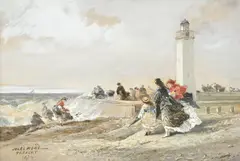 Jules Achille Noël, Crinolines à la plage du Tréport par temps venteux, 1874, gouache sur papier