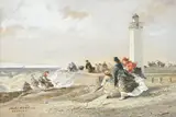Jules Achille Noël, Crinolines à la plage du Tréport par temps venteux, 1874, gouache sur papier