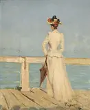 Alfred Emile Leopold Stevens, Femme de dos observant le large du Tréport, c. 1890, huile sur panneau