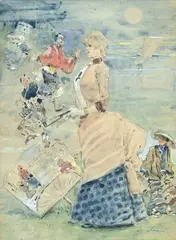 Henry Somm, Jeune femme de profil à l'éventail, aquarelle et encre de Chine sur papier