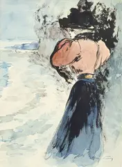 Henry Somm, Femme en bord de mer, aquarelle et encre de Chine sur papier