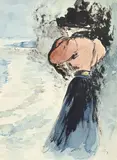 Henry Somm, Femme en bord de mer, aquarelle et encre de Chine sur papier
