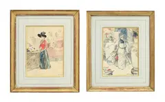Henry Somm, Jeune femme et personnages, 2 aquarelles et encre de Chine sur papier