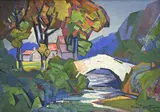 Raoul van Maldère, Village au bord de l'eau, huile sur toile