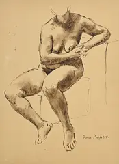 Jane Poupelet, Etude de Femme nue assise, encre et lavis sur papier