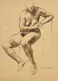 Jane Poupelet, Etude de Femme nue assise, encre et lavis sur papier