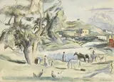 Jules Pascin, Scène de village, aquarelle et crayon de graphite sur papier