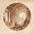 Jean Henry Alexandre Pernet, Cappriccio mit Tempelruinen und Figuren, Um 1765, Federzeichnung in grauer Tusche, aquarelliert