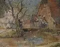 Max Oehler, Fachwerkhäuser am Dorfbach, Um 1910, Öl auf Malpappe