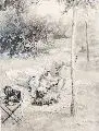 Oskar Bluhm, Stelldichein, Um 1890, Federzeichnung in Tusche, laviert und aquarelliert, weiß gehöht