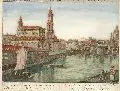 Johann Christoph Nabholz, Prospect der Catholischen Kirche nebst der Brücke gegen der Neustadt in Dresden, Um 1780, Altkolorierter Kupferstich, Guckkastenblatt