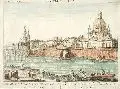 Johann Anton Riedel, Vue de Dresde – Ansicht von Dresden nebst der Elbe Brücke gegen Mitternacht, Um 1780, Altkolorierter Kupferstich