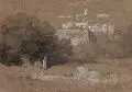 Bernhard Fiedler, Ägyptische Landschaft, Um 1868, Aquarellierte Bleistiftzeichnung, weiß gehöht, auf braunem Papier