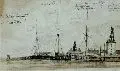 Fritz Hildebrandt, Hafen von Danzig, Um 1845, Bleistiftzeichnung auf blaugrauem Papier, aquarelliert