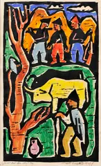 Pásol Jano dva voly by Ernest Zmeták, 1948, Drevoryt na papieri, kolorovaný akvarelom, sold Dec 2012