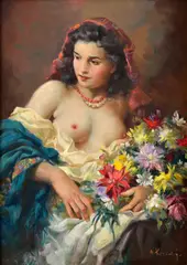 Marcel Krasicky, Ženský poloakt s kyticou, Okolo 1930, Olej na preglejke