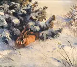 Karl Sovanka, Zajac v zime, Okolo 1930-40, Olej na plátne