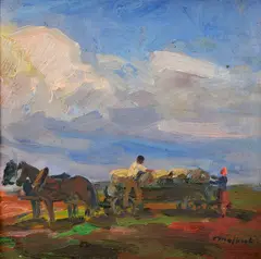 Jozef Majkut, Zvážanie sena, Okolo 1960, Olej na kartóne