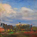Jozef Majkut, Zvážanie sena, Okolo 1960, Olej na kartóne