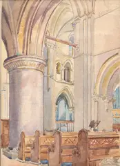 Jozef Hanula, Interiér kostola, Okolo 1920, Akvarel na papieri