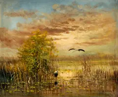 Močiar s bocianmi by Mesterházy Dénes, Okolo 1920, Olej na plátne, sold Sep 2012