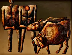 Rudolf Krivoš, Pasenie volov, 2003, Olej, kombinácia techník na sololite