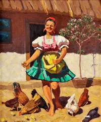 Viliam Euzéb Mousson, Žena so sliepkami, Okolo 1940, Olej na kartóne