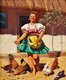 Viliam Euzéb Mousson, Žena so sliepkami, Okolo 1940, Olej na kartóne