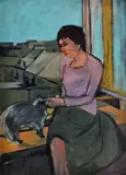 Eugen Nevan, Žena s mačkou, 1959, Olej na plátne