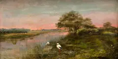 Béla Adalbert Spányi, Močiar s bocianmi, Okolo 1900, Olej na plátne