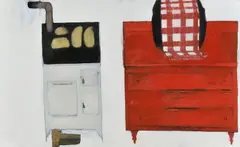 Sabová Jarmila, Zátišie s hriankami a zakrytým televízorom., 2008-2011, Olej, uhlík na sololite