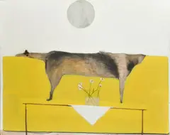 Sabová Jarmila, Kožuch s koľačkami na žltom gauči., 2008., Olej a akryl na sololite.