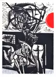 Vincent Hložník, Kompozícia s červeným slnkom, 1962, Farebný drevoryt na papieri (1/20)
