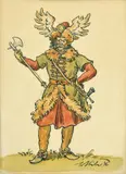 Jan Hála, Ilustrácia ku knihe František Wolf - Vladimír Plicka: Turecká vojna, 1936, Kresba perom, tušom, kolorovaná akvarelom