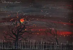 Jozef Šturdík, V sade, 1983, Akvarel, kombinácie techník na kartóne