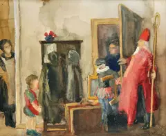 Jozef Hanula, Na svätého Mikuláša, Okolo 1900, Akvarel na papieri