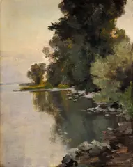 Pri rieke by Max Schurmann, Okolo 1920, Olej na kartóne, sold Dec 2011