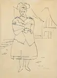 Eugen Nevan, Žena v kroji, Okolo 1948, Pero na papieri