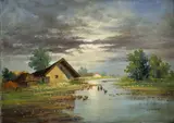 Mesterházy Dénes, Chalupy pri vode, Okolo 1920, Olej na plátne