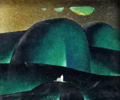 Rudolf Moško, Krajina s kostolíkom, 1980, olej na lepenke