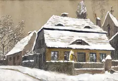 Géza Angyal, Dom v zime, 1936, tempera ceruza na papieri