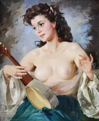 Žena s lutnou by Mária Szánthó, okolo 1950, olej na plátne, sold Oct 2011