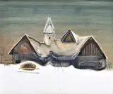 Kostolík by Vladimír Kompánek, okolo 1975, olejová tempera na sololite, sold Oct 2011