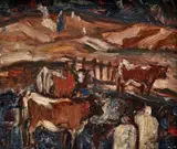 Pastieri kráv by Mária Medvecká, okolo 1975, olej na lepenke, sold Jun 2011