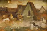 Na okraji dediny by Mária Medvecká, okolo 1970-75, olej na plátne, dublované, sold Jun 2011