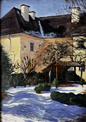 Kálmán Tichy, Františkánsky kostol a kláštor v Rožnave, 1923, olej na kartóne