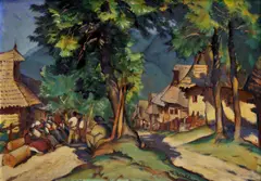 Martin Benka, V nedeľu (Vlkolinec), 1920, olej na kartóne