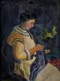 Ivan Žabota, Pri vyšívaní, okolo 1920, olej na kartóne