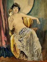 Richard Geiger, Fajčiaca pri toilete, okolo 1920, akvarel na papieri