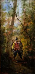 Hliadka v lese I. by Hugo Kauffmann, okolo 1880, olej na dreve, sold Jun 2011